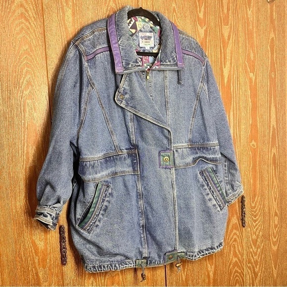 Vintage 90 Western Aztec Lined Denim Coat Women 2X Heavyweight Barn Chore Jacket - Picture 3 of 16